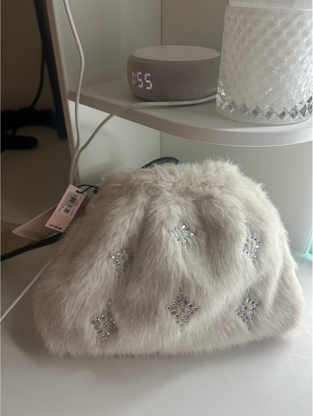 NWT Victoria’s Secret White Faux Fur Rhinestone Clutch + Scrunchie & Sleep Mask